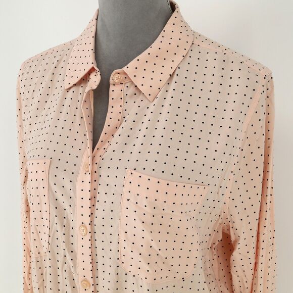 Chicos Top 1 Womens Medium 8 Pink Peach Black Polka Dot Blouse Pocket Career - Picture 10 of 13